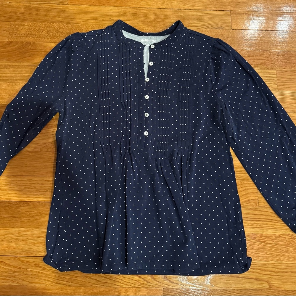 Lands' End Navy and White Polka Dot Top